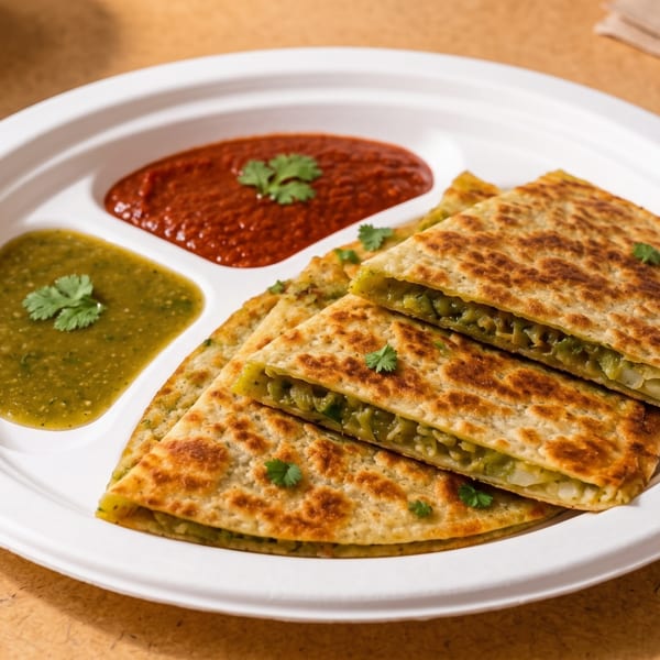 Golden-brown quesadillas filled with green vegetables and potatoes, served with red and green sauces.