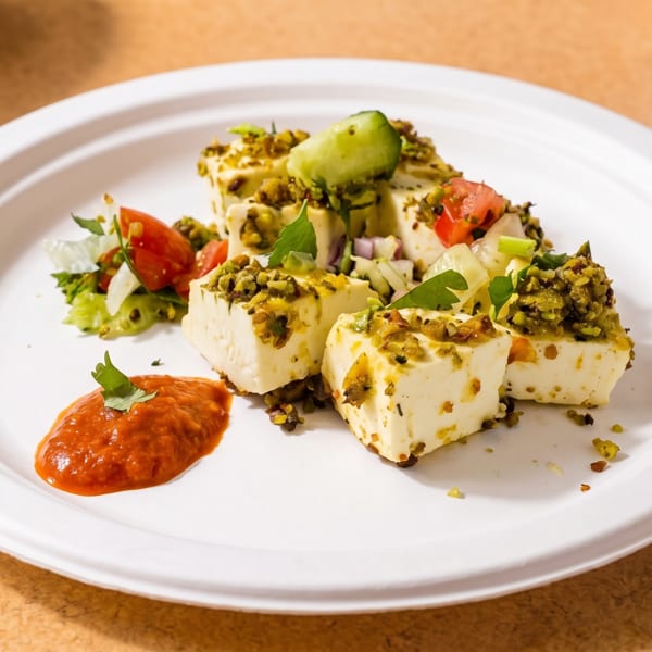 White plate with paneer cubes topped with pistachios, a side of red sauce, and a small salad.