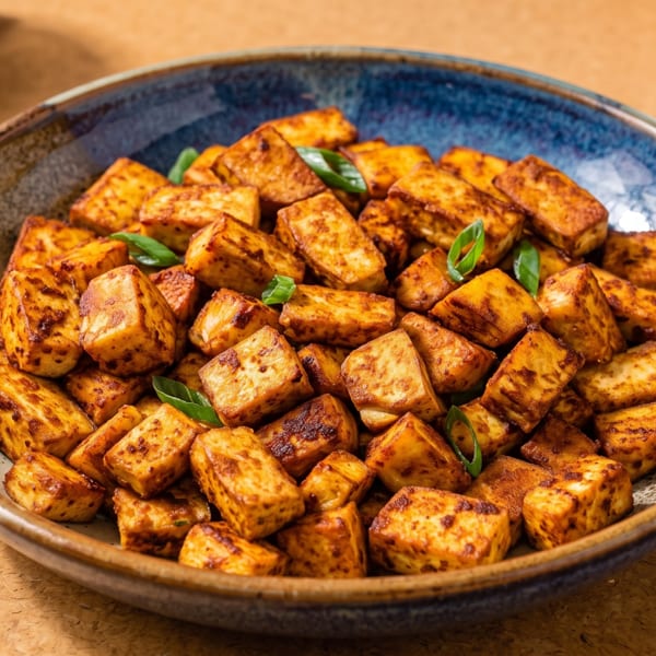 A blue and brown bowl filled with golden-brown paneer cubes garnished with green herbs.