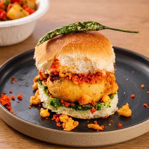 A vada pav, an Indian potato fritter in a bun, topped with a green chili on a dark plate.
