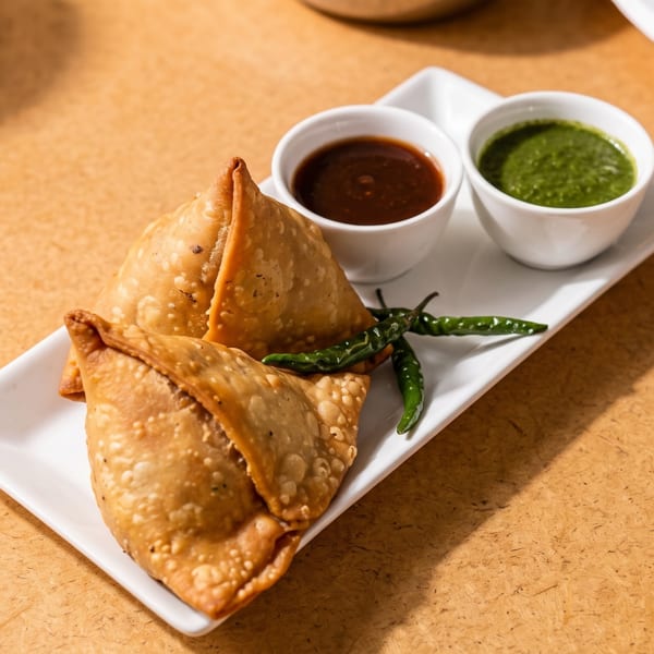 Three golden-brown samosas with green chilies and two dipping sauces on a white plate.