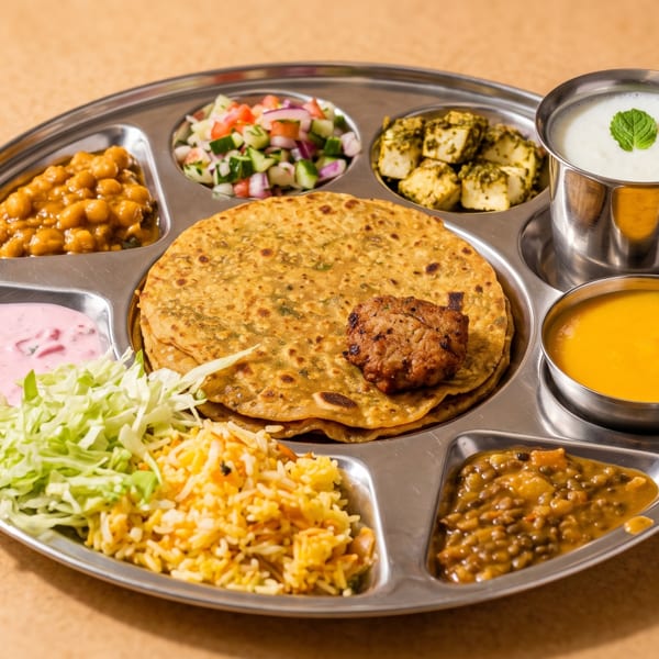 A metal thali platter filled with various Indian dishes including paratha, rice, curries, and yogurt.